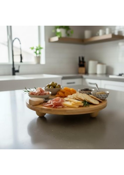 Bambu Top Ayaklı Yuvarlak Sunumluk – 30CM Çap Seçenekli Doğal Ahşap Servis Tabağı | Peynir, Meze, Kek Standı, Kahvaltı ve Charcuterie Board | Yükseltilmiş Masaüstü Tepsi (30 Cm)
