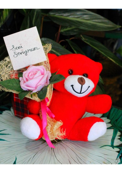 Elinde Kadife Gül & Seni Seviyorum Kartı Tutan 25CM Peluş Ayı Sevdiklerinize Özel Gün Hediyesi