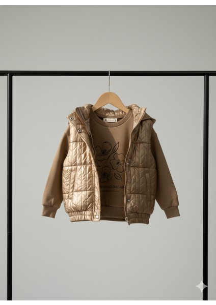 Kız Çocuk Gold Parlak Şişme Yelekli Sweatshirt Pantolon 3'lü Takım modelleri
