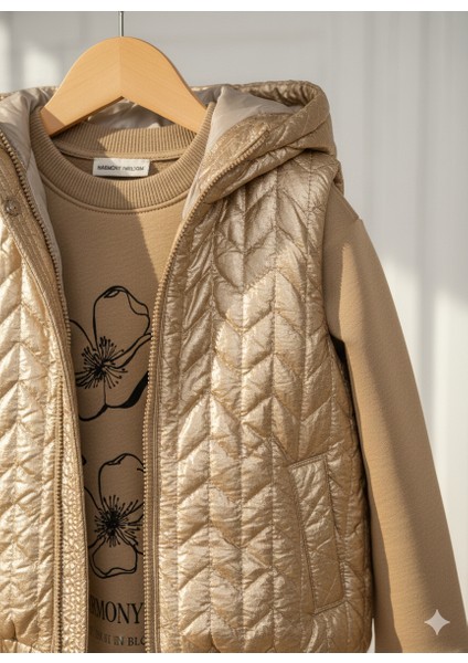 Kız Çocuk Gold Parlak Şişme Yelekli Sweatshirt Pantolon 3'lü Takım