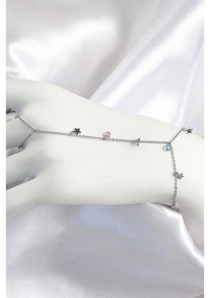 Pirinç Renkli Zirkon Taşlı Sallantılı Yıldızlı Model Gümüş Renk Kadın Şahmeran - TJ-SN708