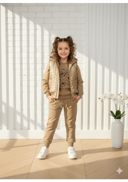 Kız Çocuk Gold Parlak Şişme Yelekli Sweatshirt Pantolon 3'lü Takım modelleri