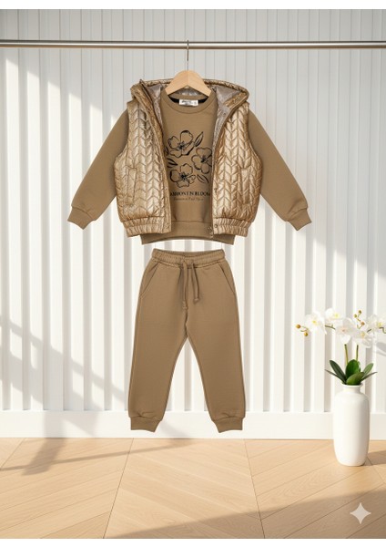 Kız Çocuk Gold Parlak Şişme Yelekli Sweatshirt Pantolon 3'lü Takım indirimleri