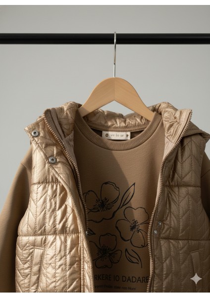 Kız Çocuk Gold Parlak Şişme Yelekli Sweatshirt Pantolon 3'lü Takım