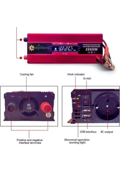 12 V 2000 W Modifiye Sinüs Inverter 220V Dijital Göstergeli- Taşınabilir Güç Kaynağı modelleri