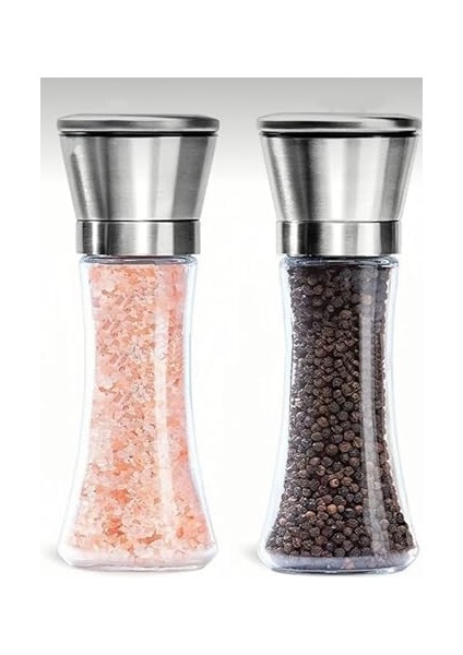 Paslanmaz Çelik Kapaklı Cam Gövdeli Baharat Değirmeni Seti 2&apos;li 19 cm