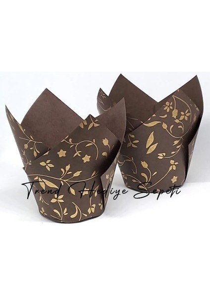 100&APOS;LÜ Klasik Lale Kapsül Kahverengi Altın Yaldızlı Muffin Kek Kalıbı, Parlak Baskılı