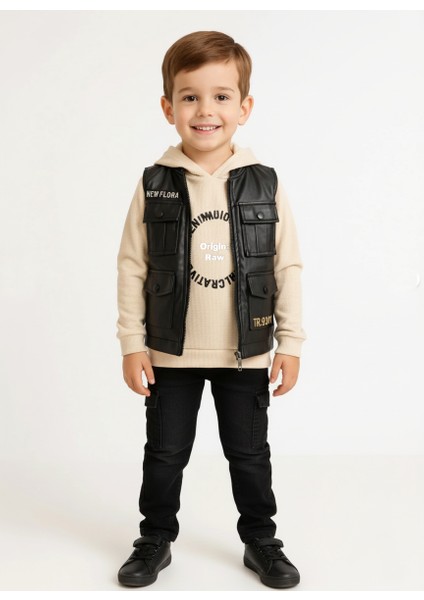 Erkek Çocuk Siyah Yelekli Kapüşonlu Sweatshirt Pantolon 3'lü Takım