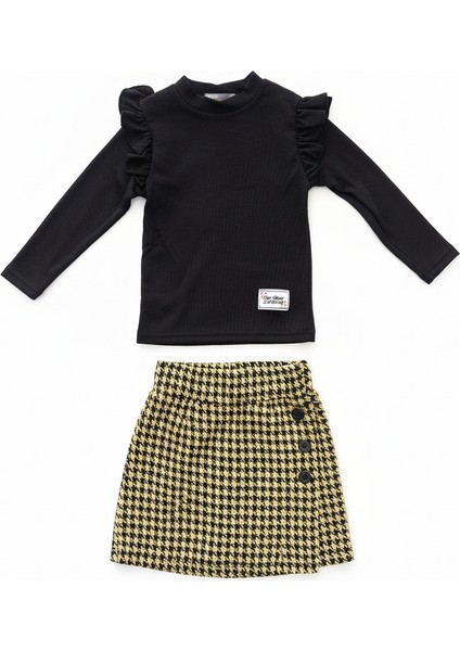 Kız Çocuk Siyah Omuz Fırfırlı Kazayağı Desenli Düğme Detaylı Etekli Takım fiyatları