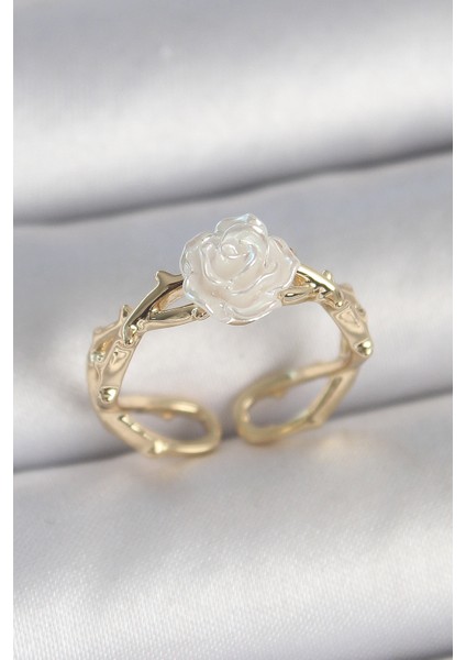 Pirinç Gold Renk Beyaz Gül Model Ayarlanabilir Kadın Yüzük - TJ-BYK3731