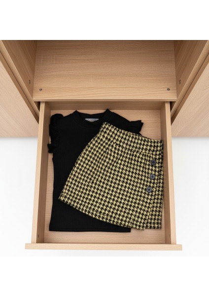 Kız Çocuk Siyah Omuz Fırfırlı Kazayağı Desenli Düğme Detaylı Etekli Takım fırsatları