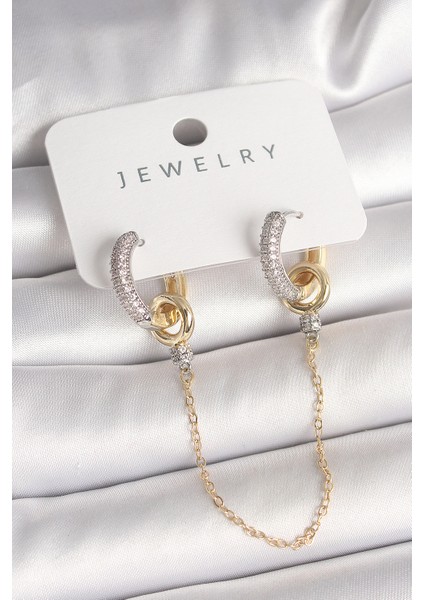 Pirinç Mix Renk Zirkon Taşlı Sallantı Zincir Model Kadın Küpe - TJ-BKP10422