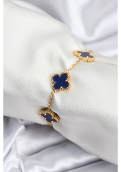 316L Çelik Zincir Gold Renk Lacivert Yonca Kadın Bileklik - TJ-BB7957