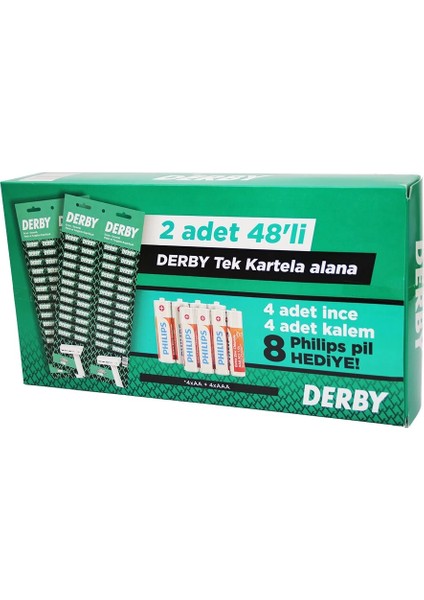 Derby Tek Bıçak Kartelalı Jilet 96 Parça 4 Kalem 4 İnce Pil Hediyeli (5148)