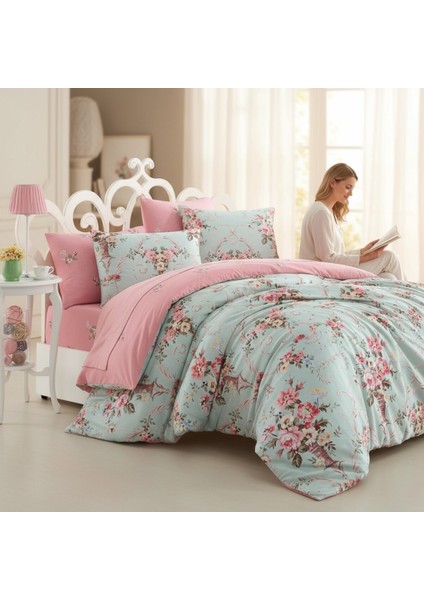 Kolay Ütülenir Çift Kişilik Nevresim Takımı Alanur Mint-Pembe
