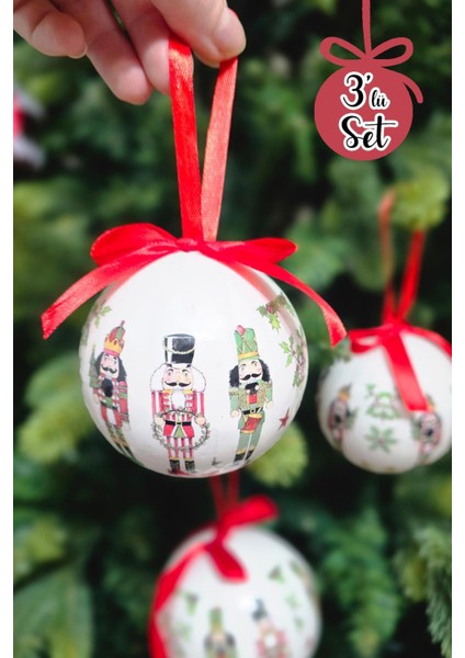 8cm Renkli Yılbaşı Süsleri, 3'lü, Kurşun Asker, Fındıkkıran, Kırmızı Fiyonkli, Şık Ağaç Dekoru