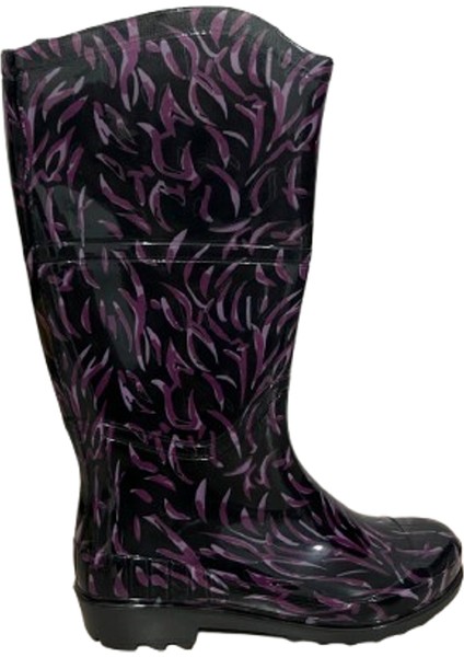Kadın Mor-Siyah Desenli 35 cm Uzun Bahçe Yağmur Çizmesi