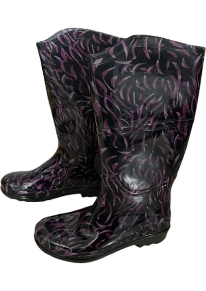 Kadın Mor-Siyah Desenli 35 cm Uzun Bahçe Yağmur Çizmesi modelleri