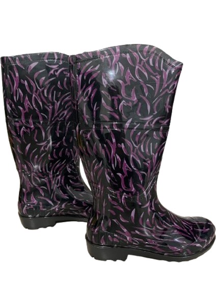 Kadın Mor-Siyah Desenli 35 cm Uzun Bahçe Yağmur Çizmesi fırsatları