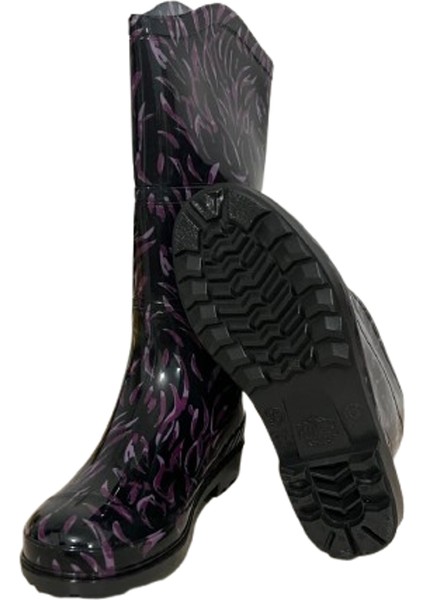 Kadın Mor-Siyah Desenli 35 cm Uzun Bahçe Yağmur Çizmesi indirimleri