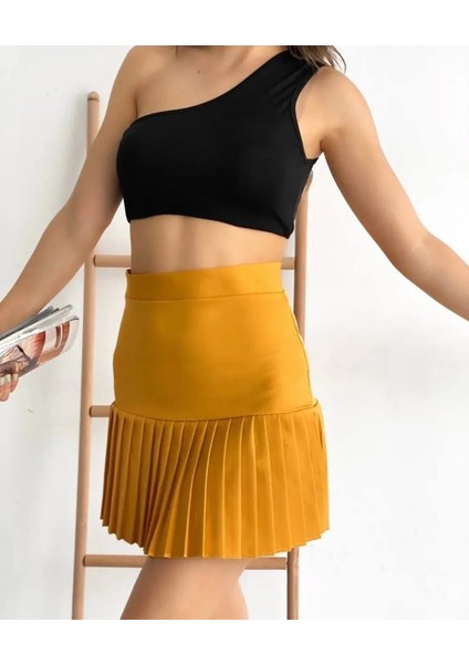 Altı Pliseli Mini Etek Hardal S24705