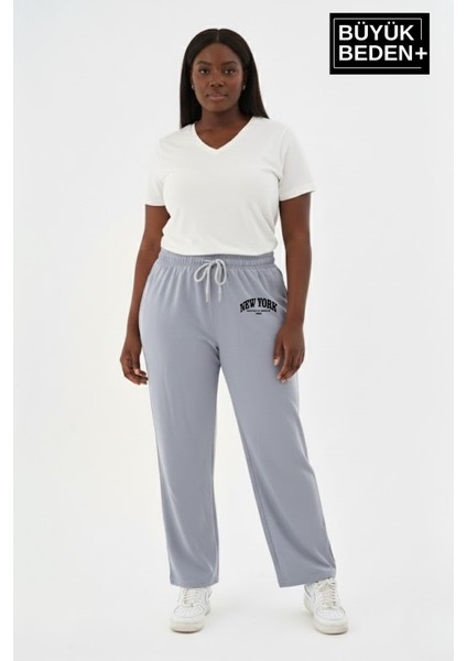 Kadın Büyük Beden New York Baskılı Rahat Kesim Lastikli Bel Paça Reçme Eşofman Altı SPR26EAK952-5