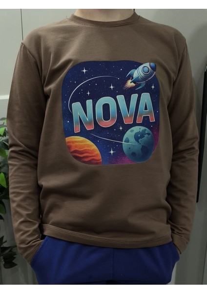 Nova Galaksi Temalı Pamuklu Unısex Uzun Kollu Çocuk Tişört (Sweatshirt)