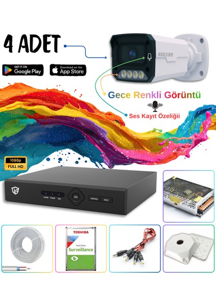Adecam 4 Lü Full Hd Ahd Güvenlik Kamera Sistemi Cepten izleme - Gece Renkli & Sesli Set + 30 Gün Kayıt