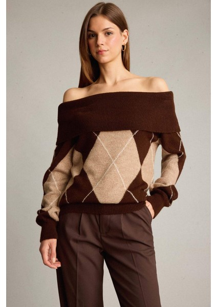 Overshirt Fit Omzu Açık Baklava Desenli Triko Kazak G6847AX25WN