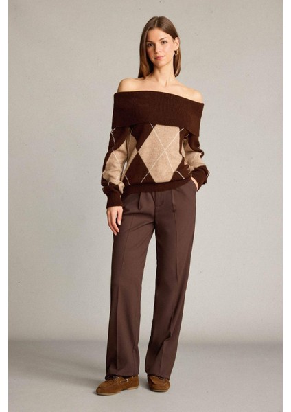 Overshirt Fit Omzu Açık Baklava Desenli Triko Kazak G6847AX25WN fiyatları