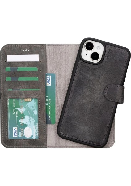 Apple iPhone 15 Plus Uyumlu Deri Cüzdanlı Kılıf Mwwn VS4EF Gri indirimleri