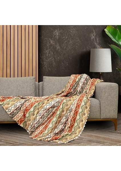 Softmicro Etnik Desenli Mikrofiber Koltuk Örtüsü ve Şalı, Kaymaz 180X220 cm