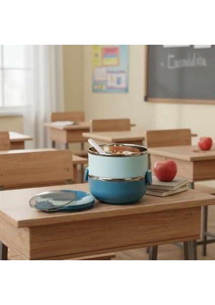 Paslanmaz Çelik 2 Katlı Yemek Termosu, 1.4 Lt Çelik ve Plastik Dış Yüzey, Beslenme Kabı, Öğle Yemeği Kutusu, Çatal Kaşık Bölmeli, Isı Koruyucu, Sızdırmaz, Okul, Ofis, Piknik Için Ideal (Mavi)