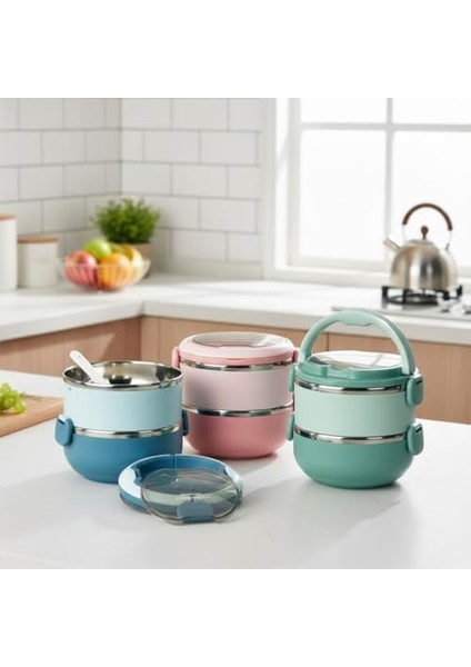 Paslanmaz Çelik 2 Katlı Yemek Termosu, 1.4 Lt Çelik ve Plastik Dış Yüzey, Beslenme Kabı, Öğle Yemeği Kutusu, Çatal Kaşık Bölmeli, Isı Koruyucu, Sızdırmaz, Okul, Ofis, Piknik Için Ideal (Mavi) modelleri