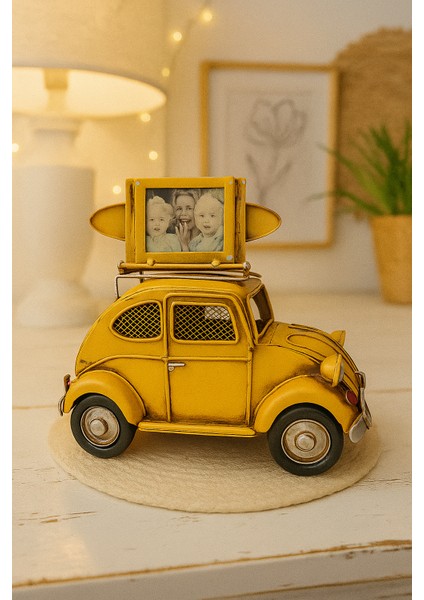 Dekoratif Sarı Metal Araba Çerçeveli ve Kumbaralı