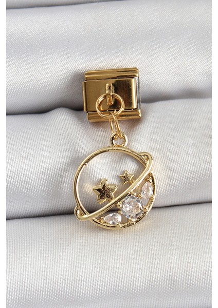 316L Çelik Sallantılı Zirkon Taşlı Satürn Model Gold Renk Nomination Charm - TJ-BC1418