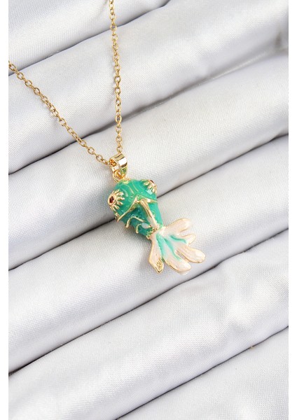 316L Çelik Zincir Yeşil Balık Model Gold Renk Kadın Kolye - TJ-BKO10323