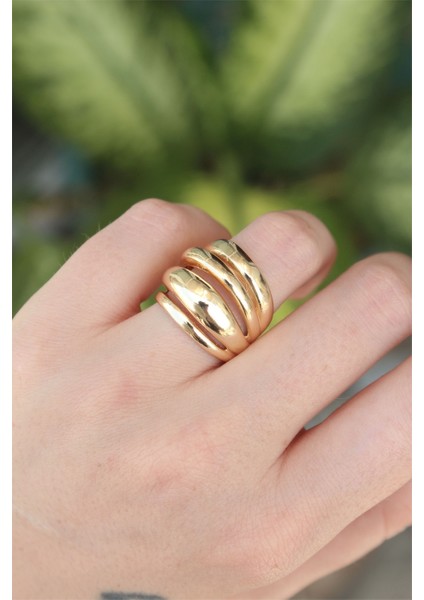 Pirinç Gold Renk Ayarlanabilir Tırtıklı Bombe Yüzük - TJ-BYK3170