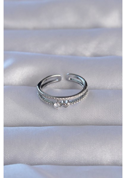 Pirinç Gümüş Renk Zirkon Taşlı Kalpli Su Yolu Model Ayarlanabilir Yüzük - TJ-BYK3220 fiyatları