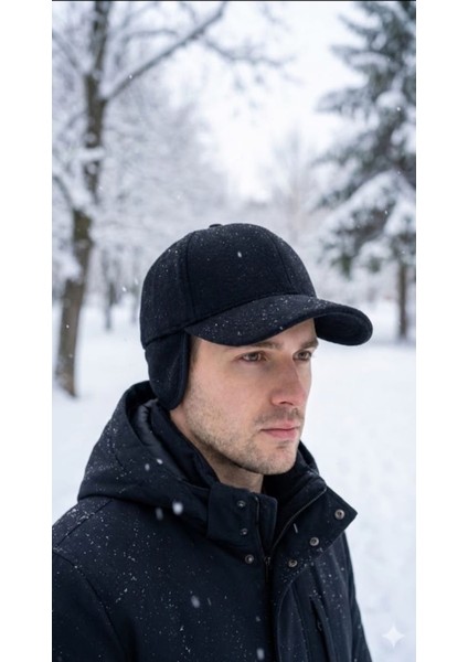 Kulaklı Siyah Kaşe Şapka Kışlık Kaşe Erkek Şapka