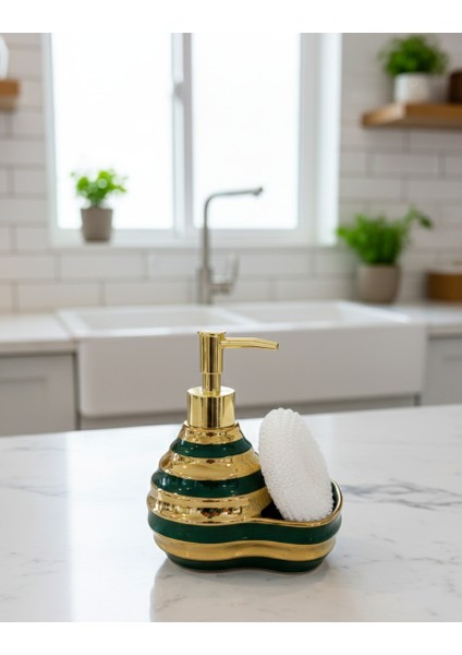 Çok Şık Seramik Standlı Sıvı Sabunluk & Deterjanlık - Luxury - Sünger Hazneli Tezgah Üstü Banyo, Mutfak, Lavabo