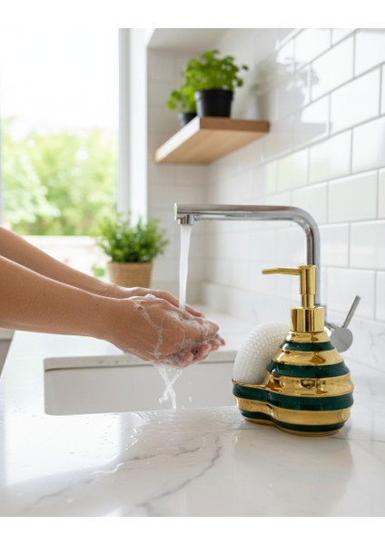 Çok Şık Seramik Standlı Sıvı Sabunluk & Deterjanlık - Luxury - Sünger Hazneli Tezgah Üstü Banyo, Mutfak, Lavabo