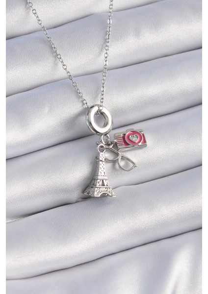 316L Çelik Gümüş Renk Eyfel Kule Fotoğraf Makinesi Model Charm Kadın Kolye - TJ-BKO9307