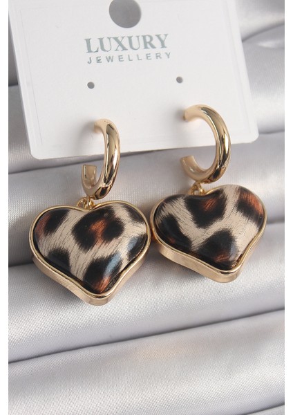 Pirinç Gold Renk 3D Kalp Leopar Model Kadın Küpe - TJ-BKP9876