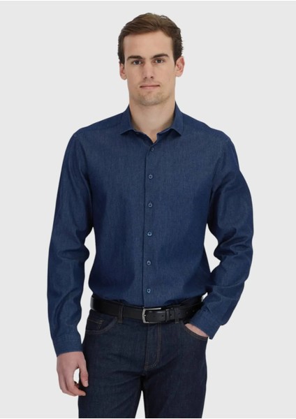 İndigo Düz Casual Fit Dokuma Casual %100 Pamuk Gömlek