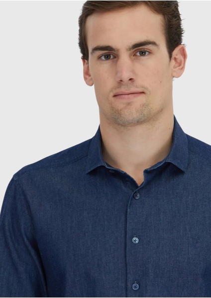 İndigo Düz Casual Fit Dokuma Casual %100 Pamuk Gömlek modelleri