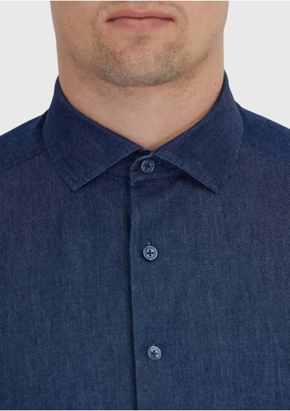İndigo Düz Casual Fit Dokuma Casual %100 Pamuk Gömlek fırsatları