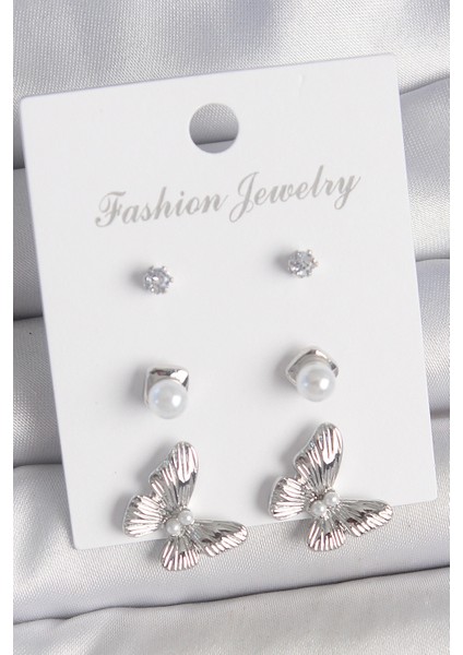 Pirinç Gümüş Renk Zirkon Taşlı Inci Detaylı Kelebek Model 3 Çift Kadın Küpe Seti - TJ-BKP10602