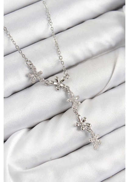 316L Çelik Zirkon Taşlı Çiçek Model Gümüş Renk Kadın Kolye - TJ-BKO10406