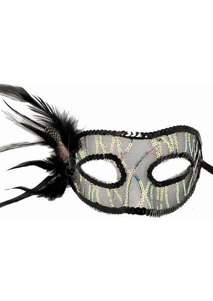 Siyah Renk Yandan Tüylü Pul Payet Işlemeli Parti Maskesi 23X12 cm
